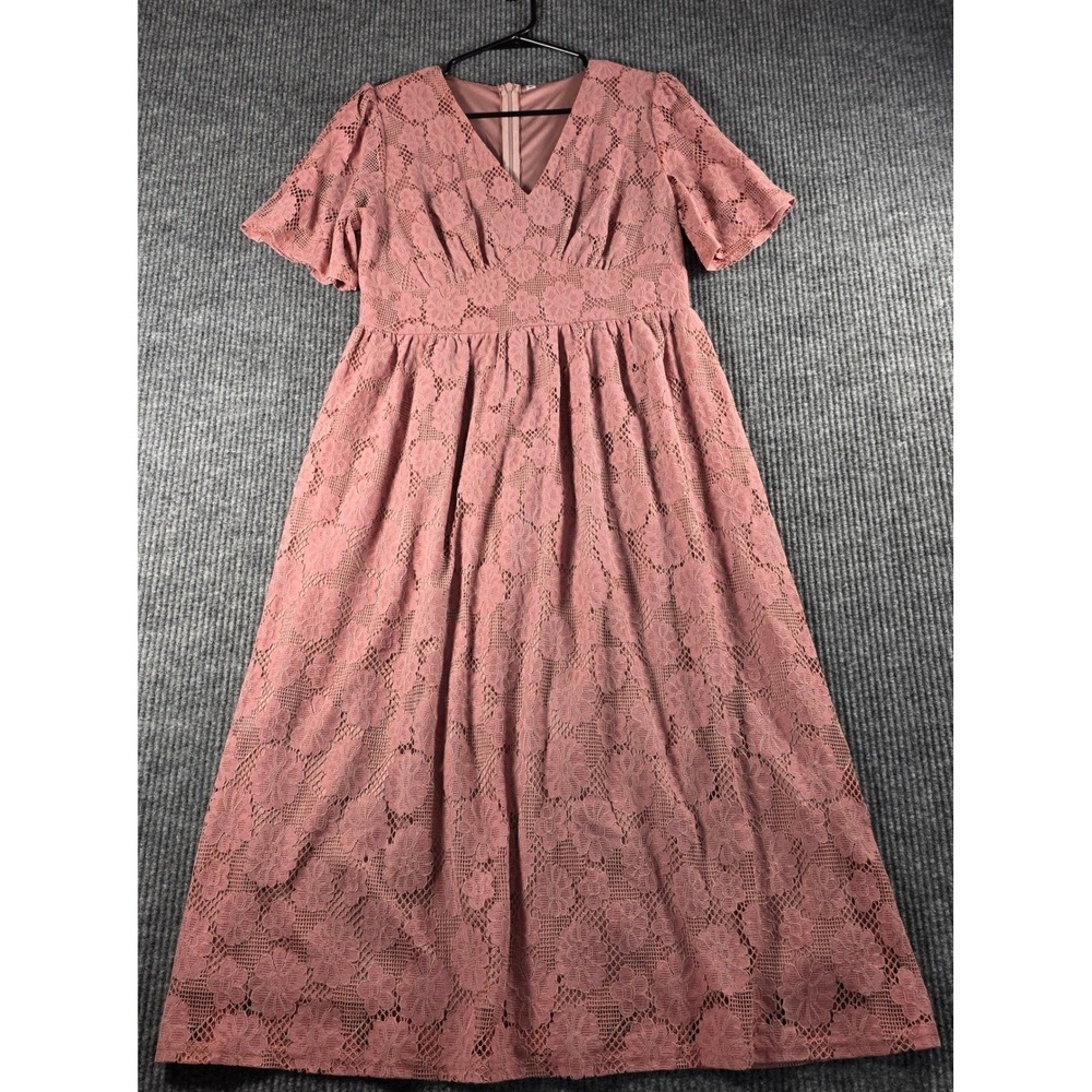 Pink‎ Floral Lace V-Neck Midi Dress Short Flutter Sleeve Empire Waist Wedding M